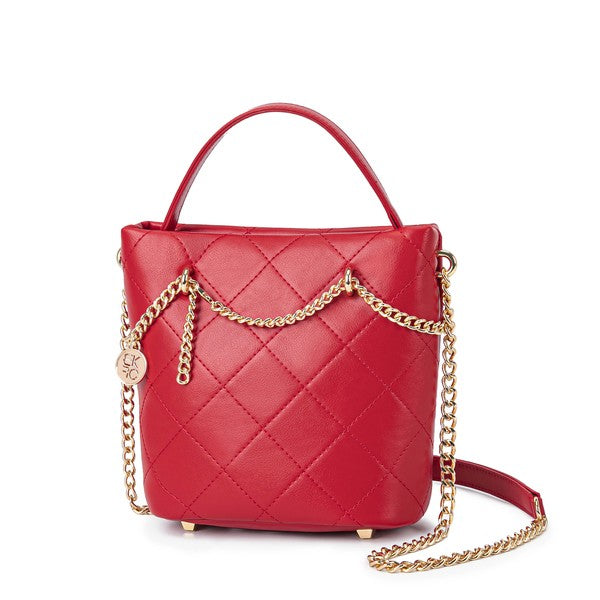 Red MKF Damaris Crossbody Bag, quilted design, gold-tone hardware, convertible strap option.