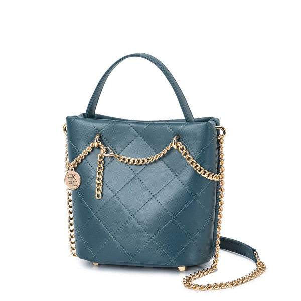 Teal MKF Damaris Crossbody Bag, quilted texture, gold-tone chain strap, zipper top closure.