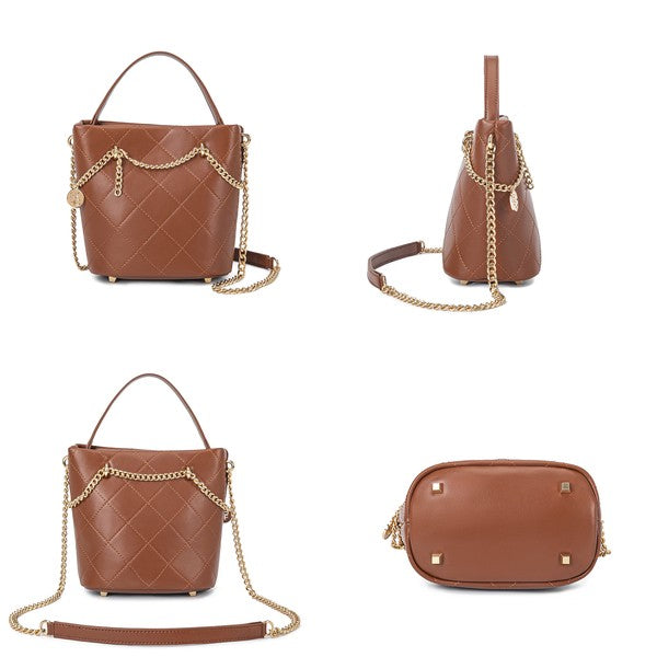 Brown MKF Damaris Crossbody Bag shown from front, back, side, and bottom angles.