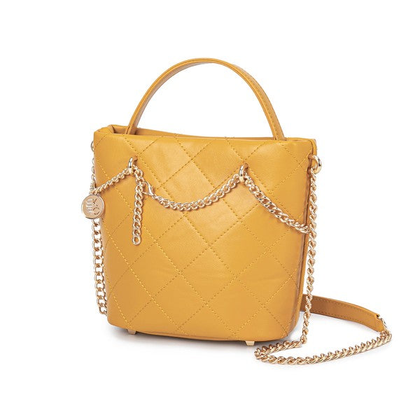 Mustard MKF Damaris Crossbody Bag, quilted pattern, gold-tone chain strap, compact style.