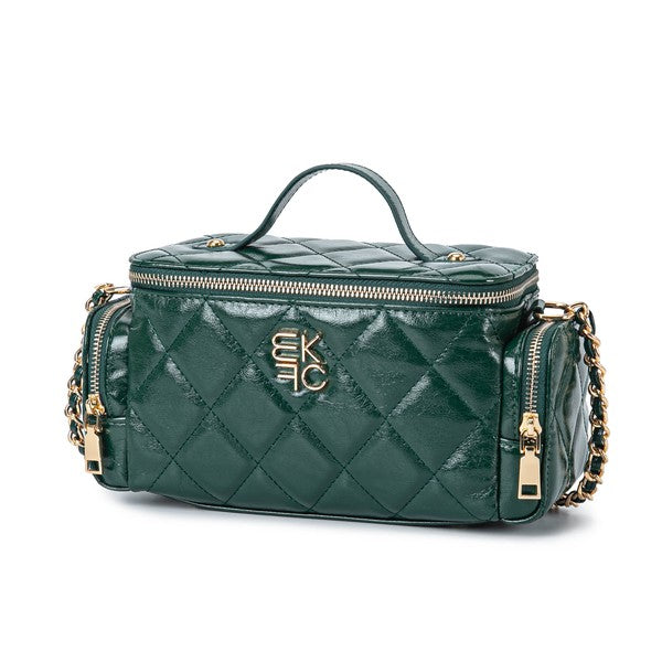 Green MKF Fortuna quilted crossbody bag with gold-tone accents and top handle.