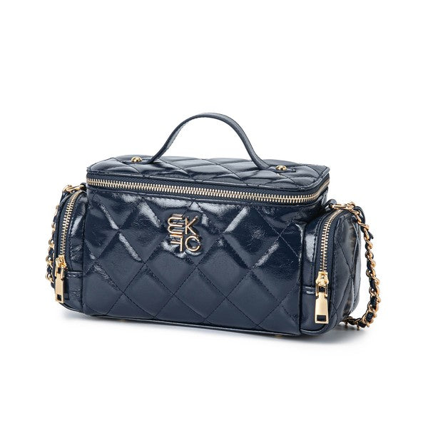 Navy MKF Fortuna quilted vanity purse with gold-tone chain strap.