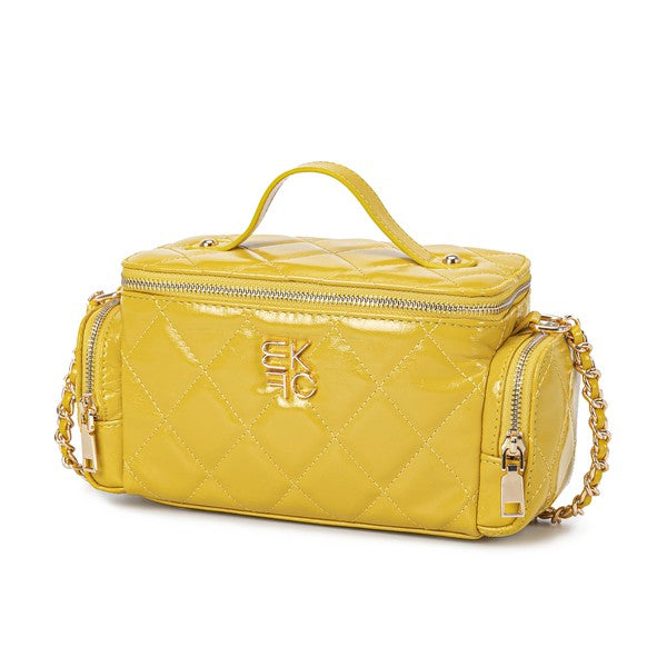 Yellow MKF Fortuna quilted crossbody bag with gold-tone hardware and top handle.