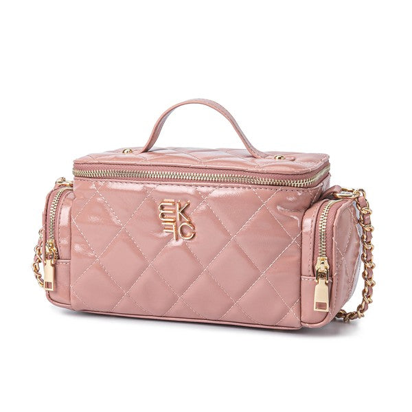 Soft rose MKF Fortuna quilted vanity bag with gold-tone hardware.