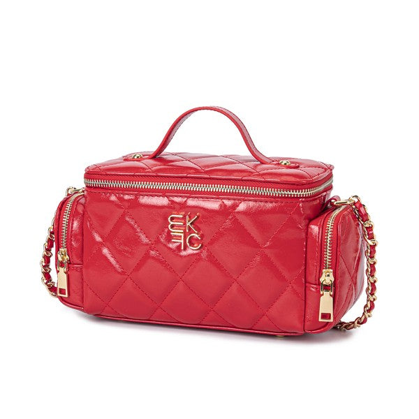 Red MKF Fortuna quilted crossbody purse with gold-tone accents and chain strap.