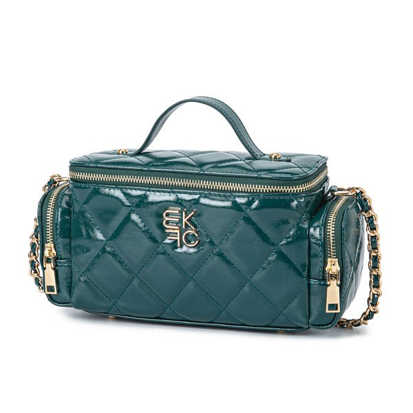 Teal MKF Fortuna quilted vanity purse with gold-tone chain strap.