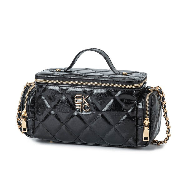 Black MKF Collection Fortuna Vanity Crossbody Purse by Mia K, showcasing a quilted design, gold-tone accents, chain strap, and top zipper closure.