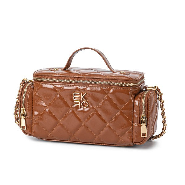 Brown MKF Fortuna quilted crossbody purse with gold-tone chain strap and top handle for versatile wear.