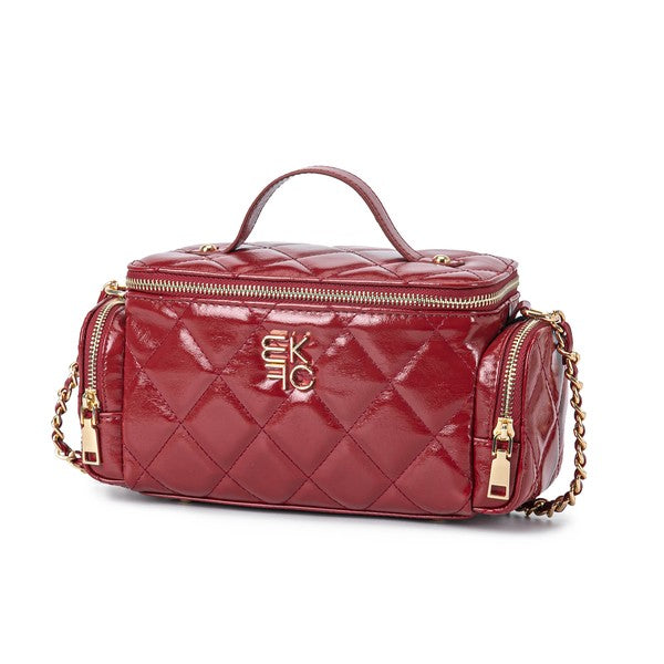 Burgundy MKF Fortuna quilted vanity bag with gold-tone hardware and chain strap.
