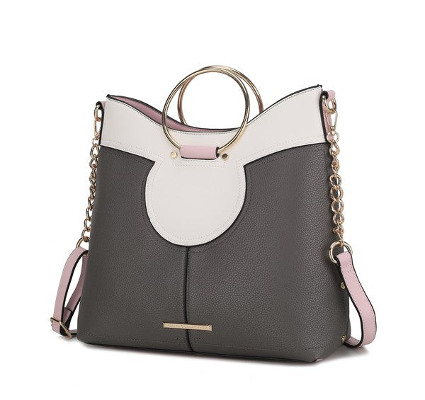 Charcoal Kylie satchel with top handle and gold-tone hardware.