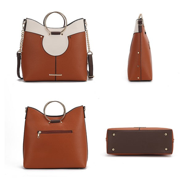 Collage of cognac Kylie satchel showing front, side, back, and bottom views.