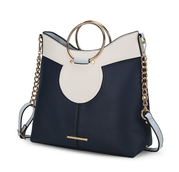 Navy Kylie satchel with top handle and gold-tone hardware.