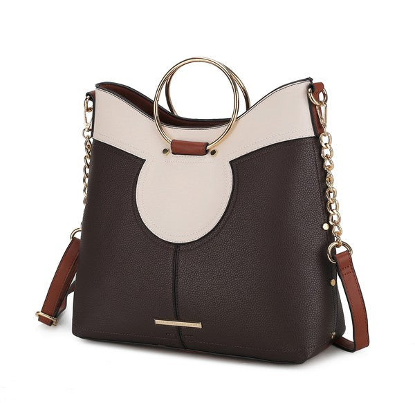 Coffee Kylie satchel with top handle and gold-tone hardware.