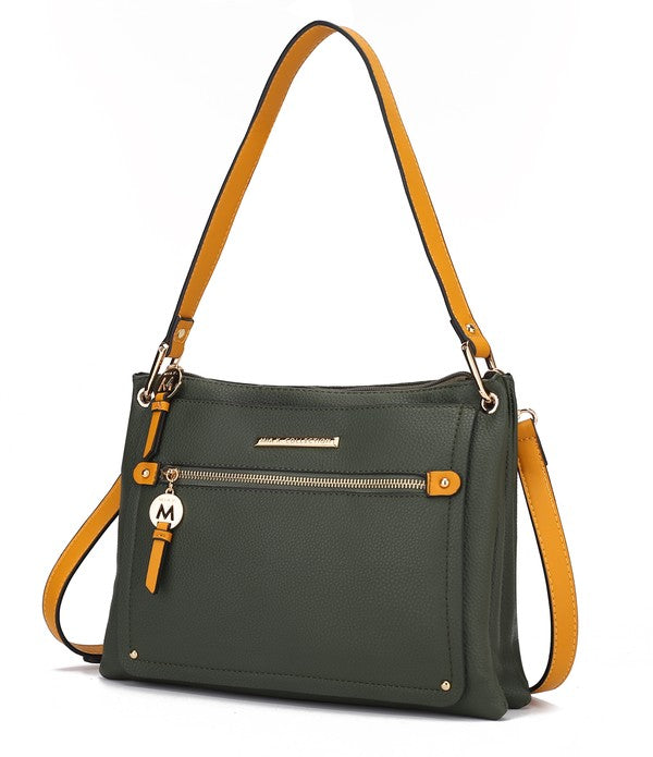 Green/Mustard Aliyah shoulder bag front view with gold-tone hardware.
