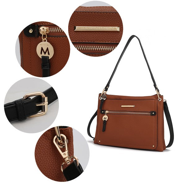 Collage of cognac/black Aliyah shoulder bag showing close-up gold-tone hardware details.