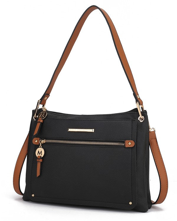 Black/Cognac Aliyah shoulder bag front view with gold-tone hardware.