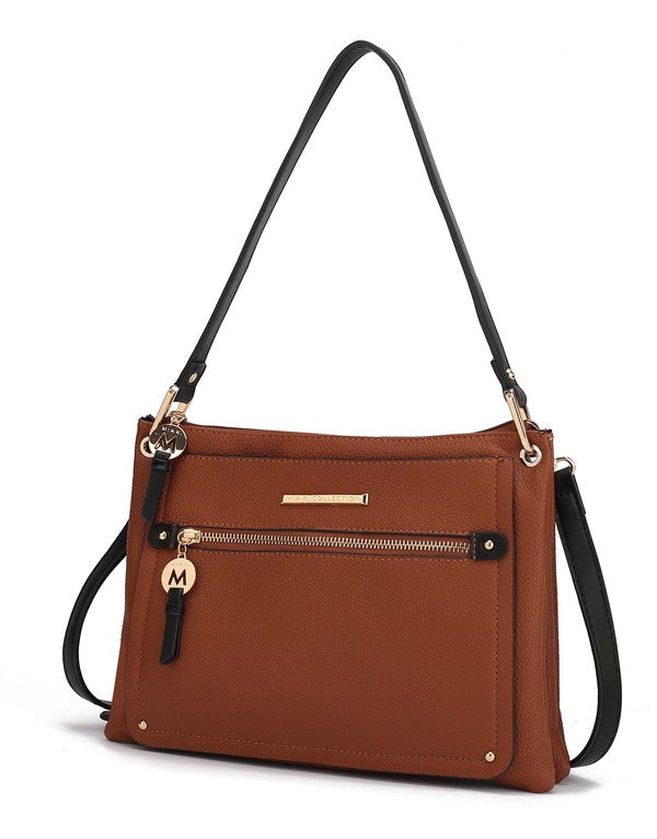 Cognac/Black Aliyah shoulder bag front view with gold-tone hardware.