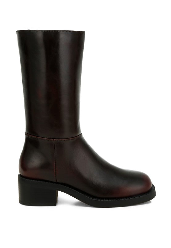 Side view of Soora Block Heel Calf Boots in brown with 1.5-inch block heel
