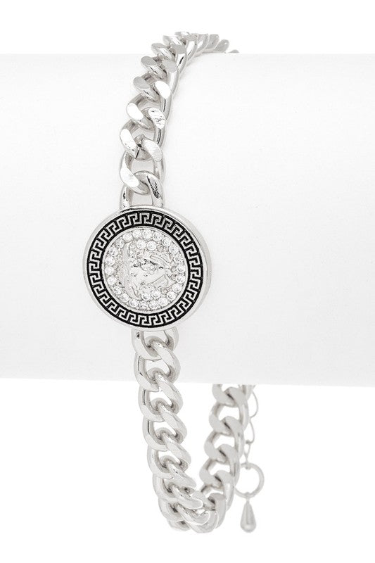 Melida Medallion Charm Bracelet in silver rhodium finish with Greek-inspired medallion and cubic zirconia detail.