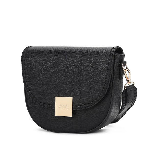 Black Isa crossbody bag with gold-tone square hardware.