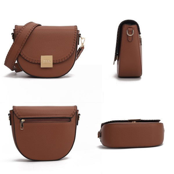 Collage showing front, side, back, and bottom views of cognac Isa crossbody bag.