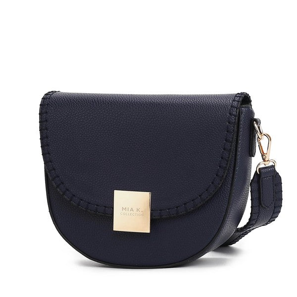 Navy Isa crossbody bag with gold-tone closure and minimalist design.