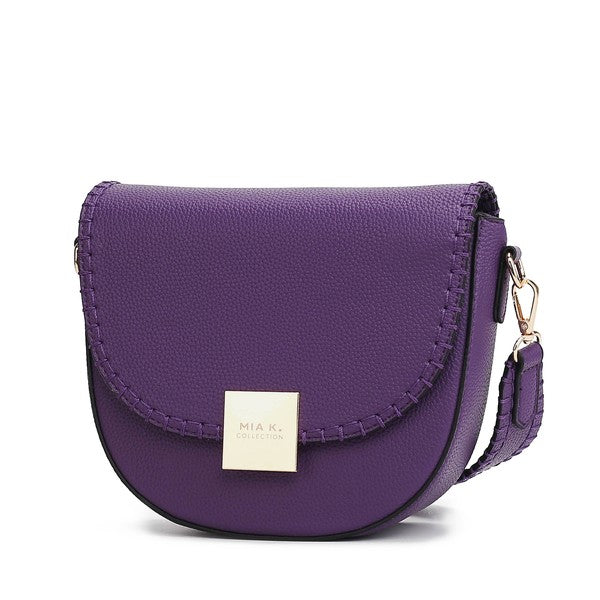 Purple Isa crossbody bag with square gold-tone closure and clean silhouette.