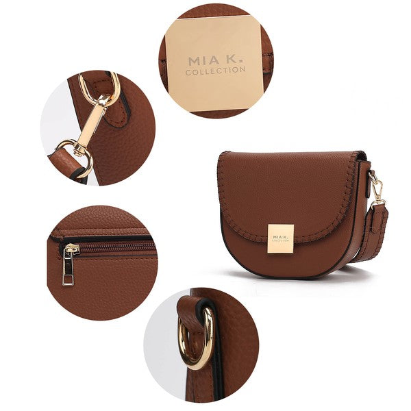 Collage showing close-ups of Isa crossbody bag hardware, stitching, and texture.