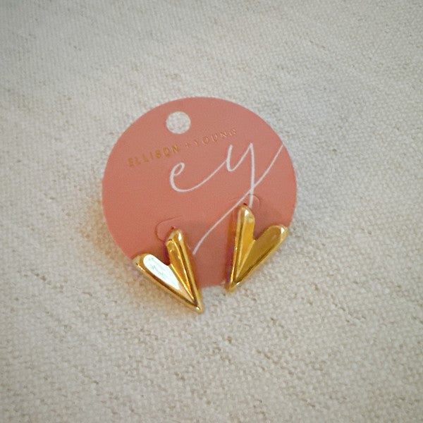 Hey Love Heart Stud Earrings in 18k gold-plated stainless steel, measuring approximately 1 inch by 0.8 inches, featuring a bold heart design, water and tarnish resistance, and lead- and nickel-free construction.