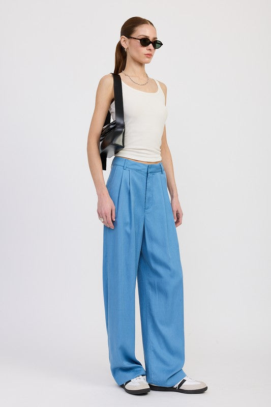 Side view of Poppy High Waist Wide-Leg Trousers chambray highlighting flowy cut