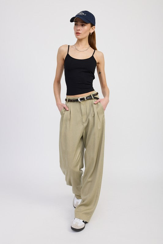 Poppy High Waist Wide-Leg Trousers tan styled with black tank, front view