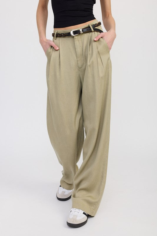 Front view of Poppy High Waist Wide-Leg Trousers tan showing wide leg silhouette