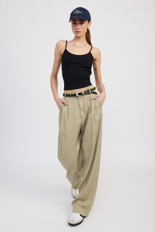 Poppy High Waist Wide-Leg Trousers in tan, front view with pleated details