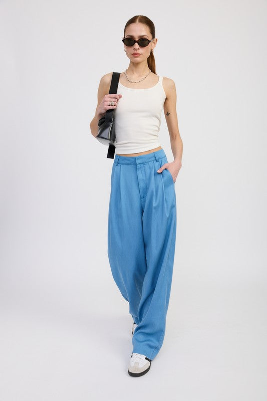 Poppy High Waist Wide-Leg Trousers chambray variant styled with white tank, front view