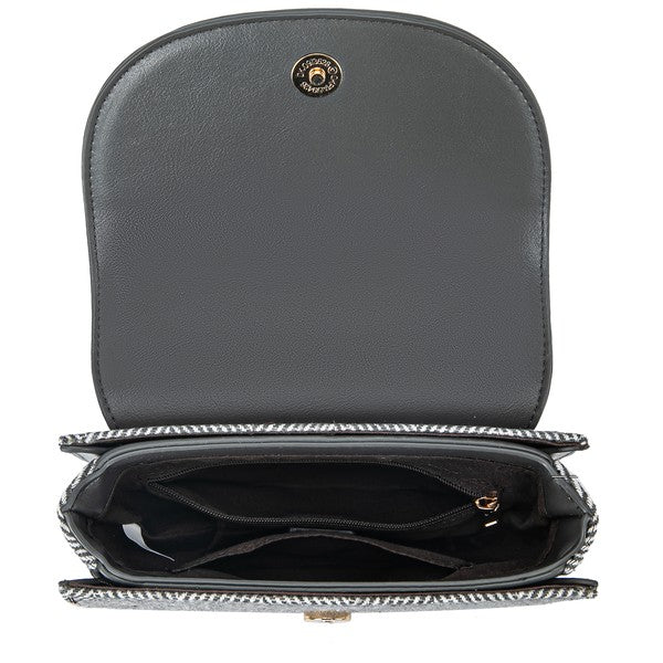 Open Heloise herringbone crossbody bag showing inside pockets