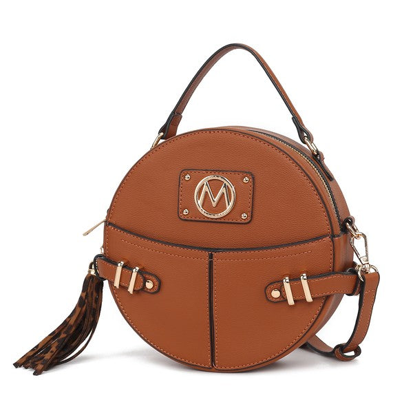 Cognac MKF Gayle Crossbody Bag with top handle and wide magnetic front pocket.