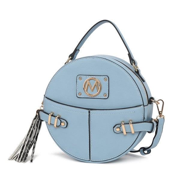 Denim MKF Gayle Crossbody Bag with gold-tone hardware and zipper closure.