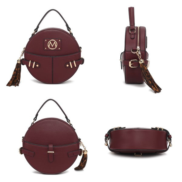 Collage showing wine MKF Gayle Crossbody Bag front, back, side, and bottom views with gold-tone hardware.