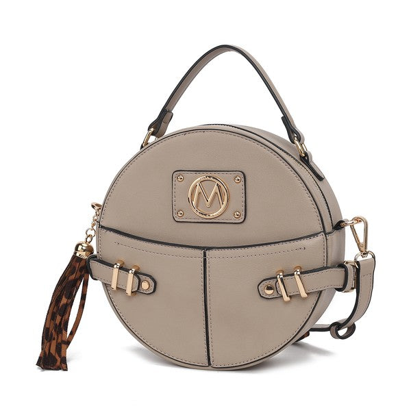 Taupe MKF Gayle Crossbody Bag with structured silhouette and gold-tone hardware.