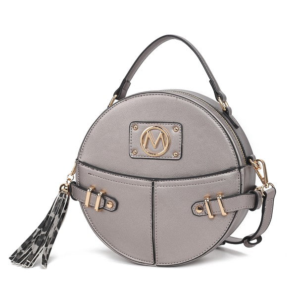 Pewter MKF Gayle Crossbody Bag with magnetic front pocket and zipper closure.