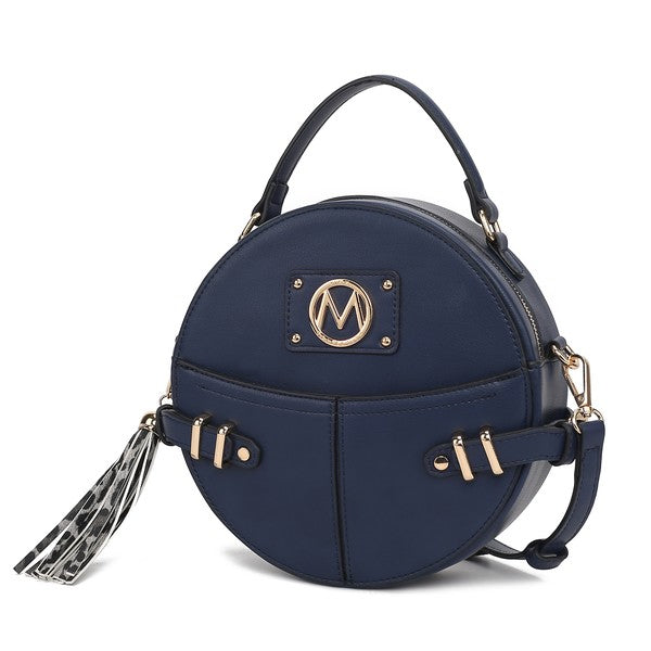 Navy MKF Gayle Crossbody Bag with gold-tone accents and top handle.