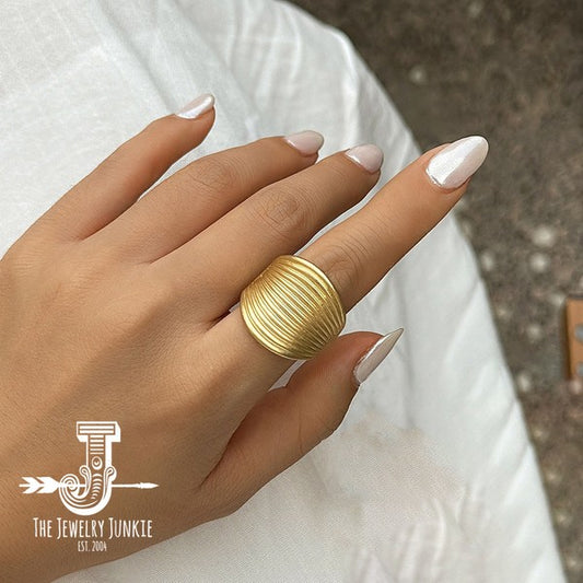 Matte Gold Electroplate Cuff Ring worn on finger, showcasing sleek matte finish and cuff design.