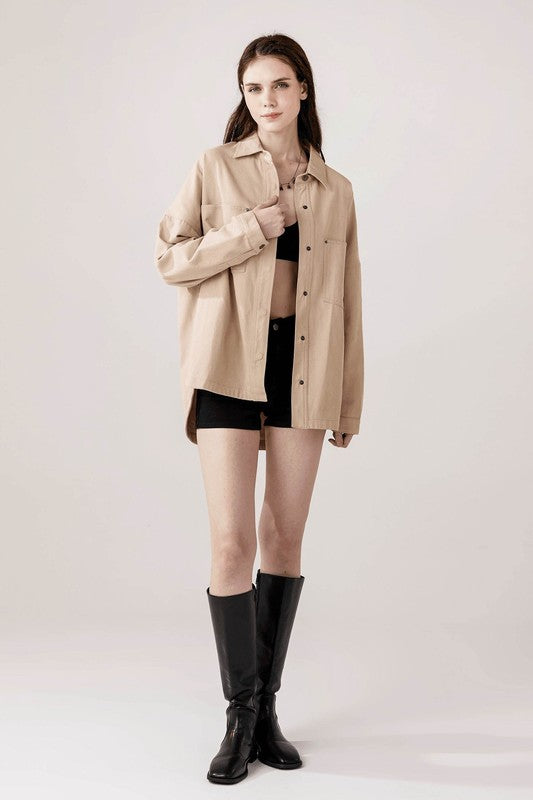 Jolie Denim Twill Shacket in Taupe oversized fit with lapel collar and snap button closure