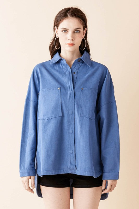 Jolie Denim Twill Shacket in Denim side view highlighting patch pocket and curved hem
