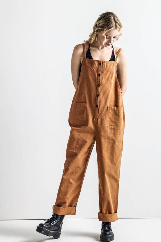 Dayana Plus Size Overall Jumpsuit in camel, side view with casual sleeveless cut