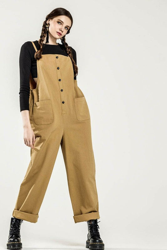 Dayana Plus Size Overall Jumpsuit in sand, model wearing casual sleeveless cut