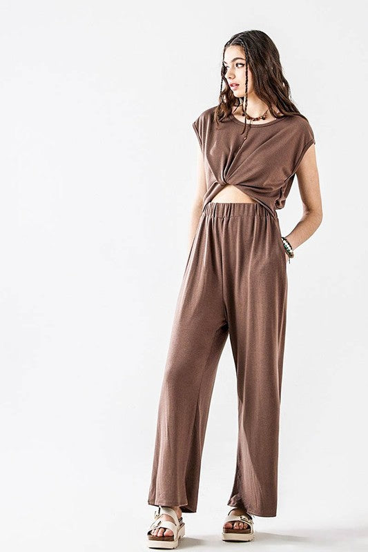 Kora Plus Size Wide Leg Jumpsuit in coco brown, wide-leg silhouette.