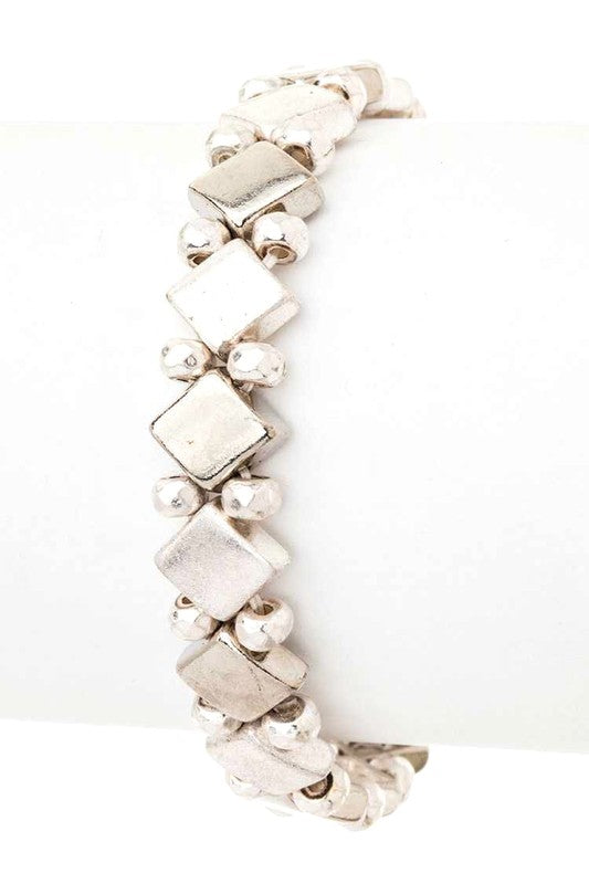 Vintage Inspired Stretch Bracelet in worn silver with diamond and circle beads, 0.4-inch width, and comfortable stretch fit.