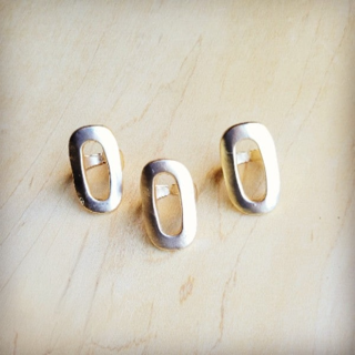 Flat lay of three Matte Gold Electroplate Oval Rings side by side, showcasing handcrafted design.