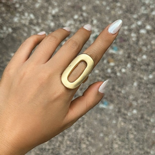 Matte Gold Electroplate Oval Ring worn on hand, showing bold oval shape and matte finish.